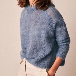 Sezane Theodore Mohair Blend Hooded Sweater in Vintage Blue, Size XS | Flawed